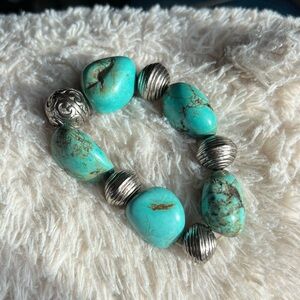 Chunky Silver & Turquoise Nugget Stretch Bracelet